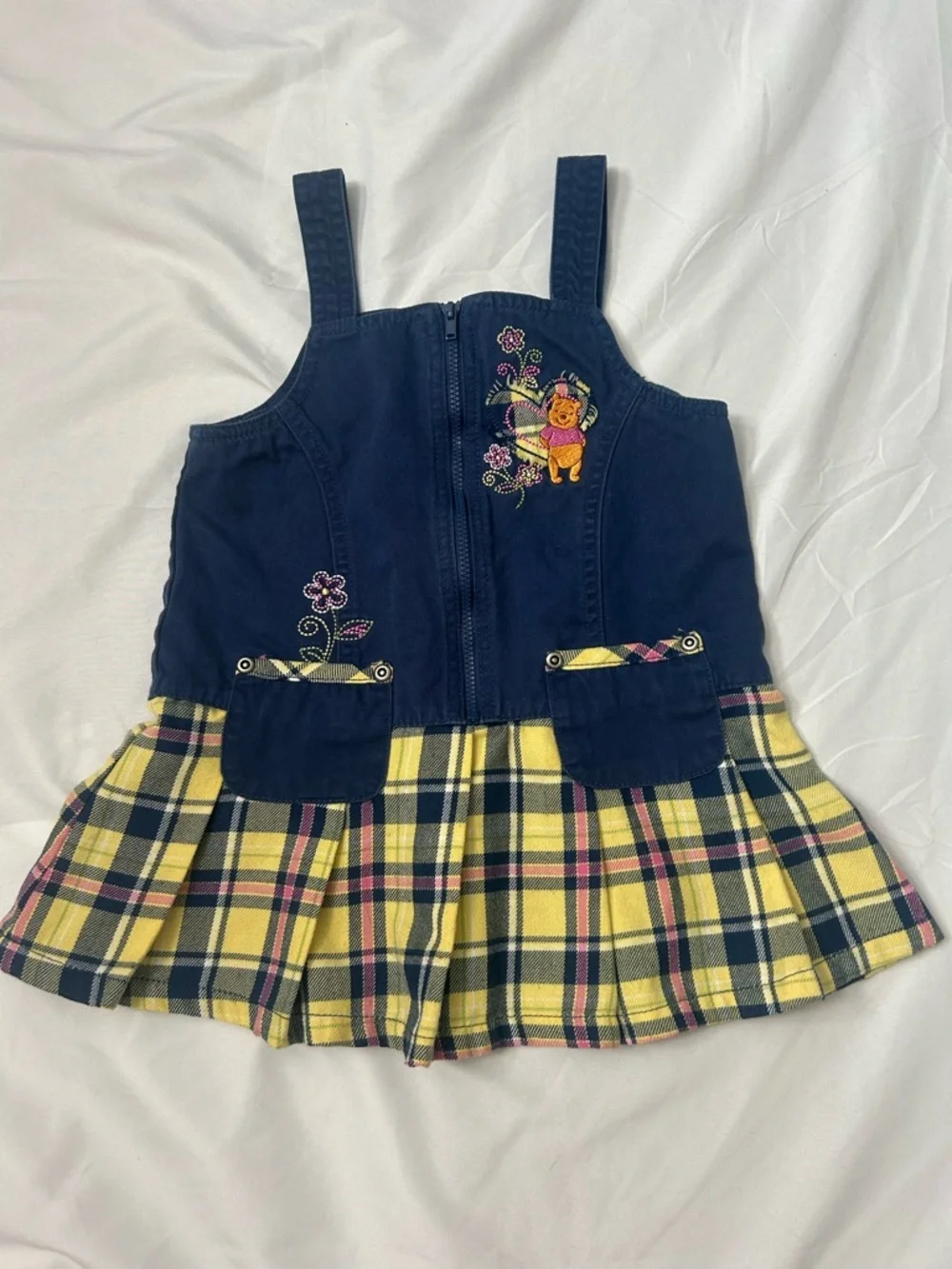 90’s  Y2K Winnie the Pooh Peplum Dress Jumper Yellow Navy Embroidered Plaid 3T